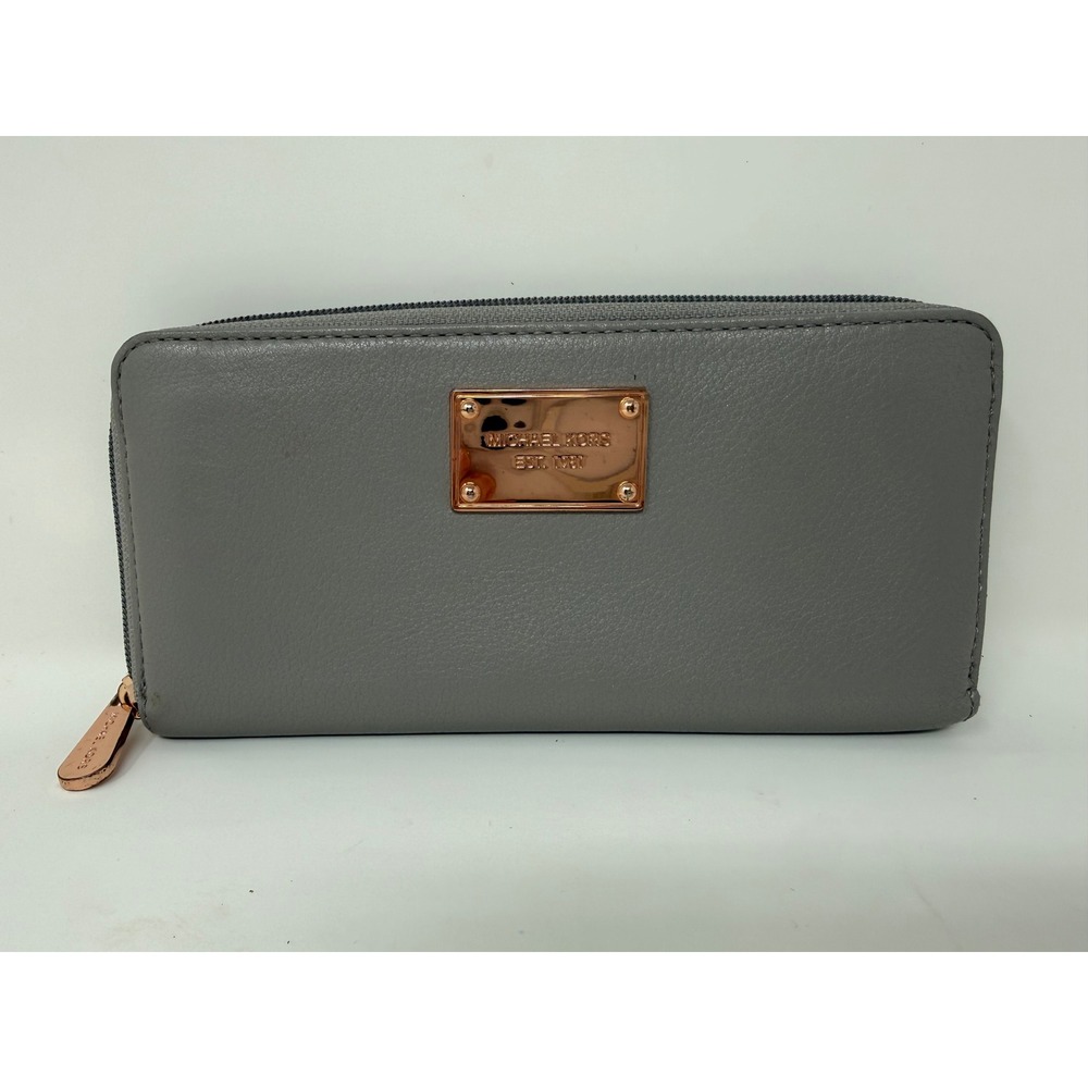 Michael Kors Zip Around Wallet Gray Leather Rose Gold‎ Hardware Continental